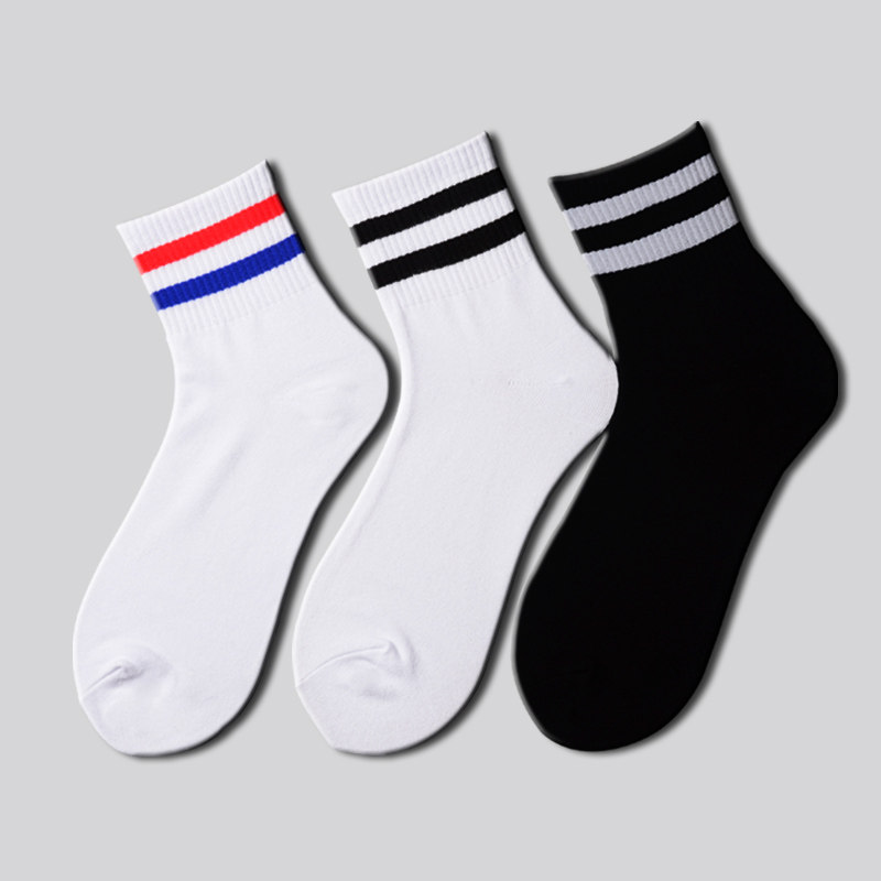 3双 袜子两条杠男女春秋时尚学生吸汗防臭纯棉中筒黑白条纹运动