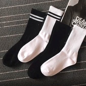 纯棉条纹袜黑白 潮流街头中高帮韩版 4双 男女长筒纯色袜子时尚
