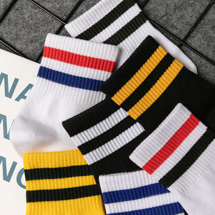 5双纯棉两杠男士 潮流运动黑白二杠防臭百搭中腰墨辰袜子 中筒四季
