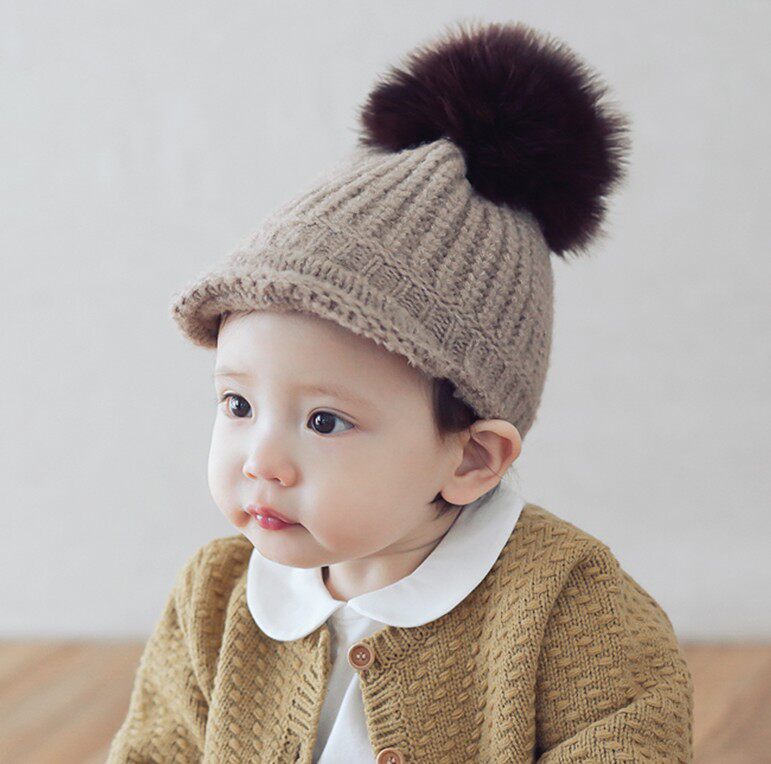 韩国进口婴儿童保暖秋冬帽子毛球男女宝宝毛线针织遮阳保暖鸭舌帽