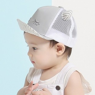 韩国进口婴儿童帽子恶魔角翻边网眼鸭舌帽男女宝宝夏季遮太阳帽子