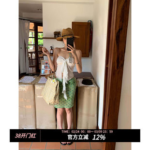 fortunee 度假风波点扎染植绒绿色网纱褶皱半身裙包臀裙 2025夏季