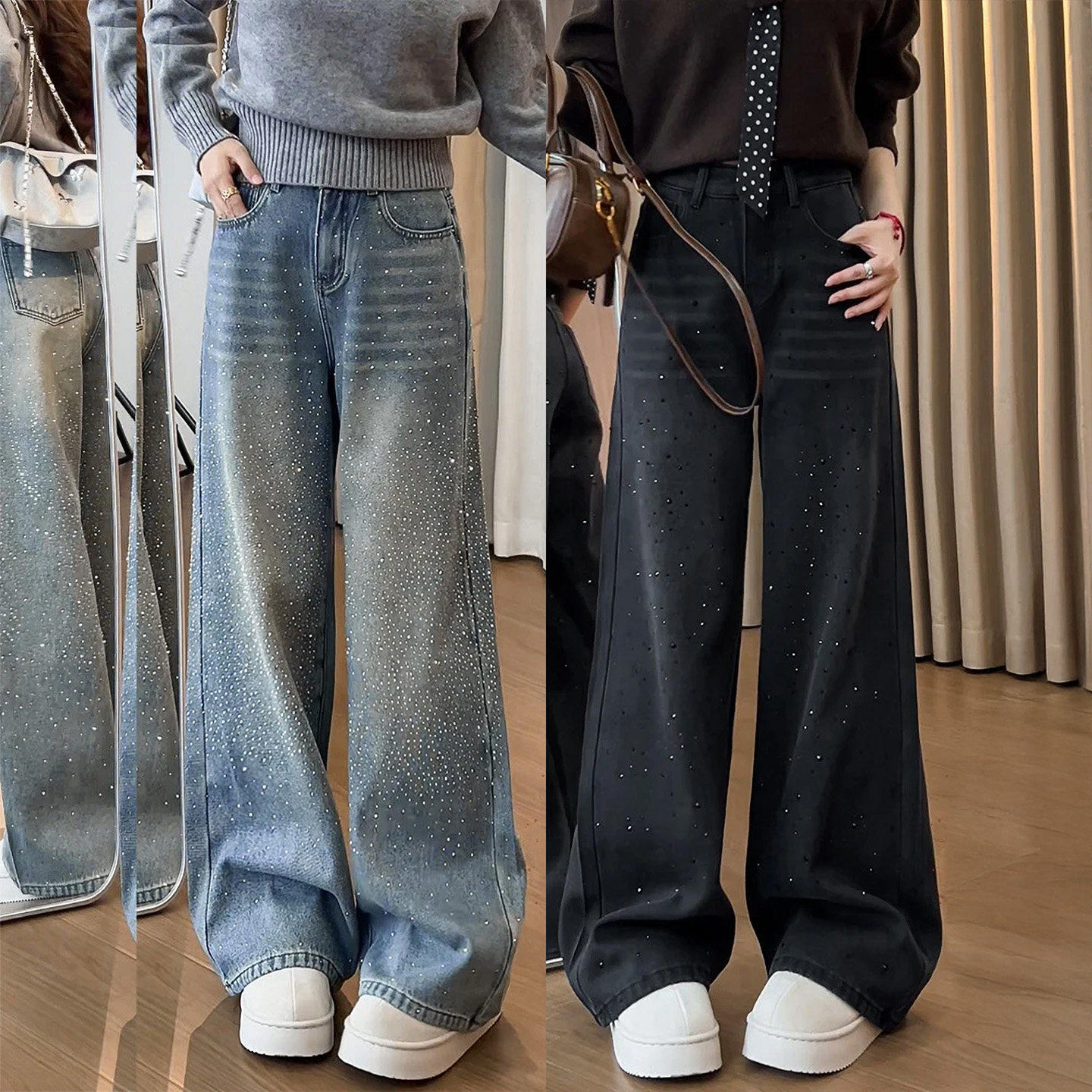 复古爆闪亮钻牛仔裤女2026春季新款大码胖mm高腰显瘦窄版阔腿裤子