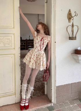 系带蕾丝花边碎花吊带连衣裙女夏季茶歇法式度假裙子收腰a字短裙