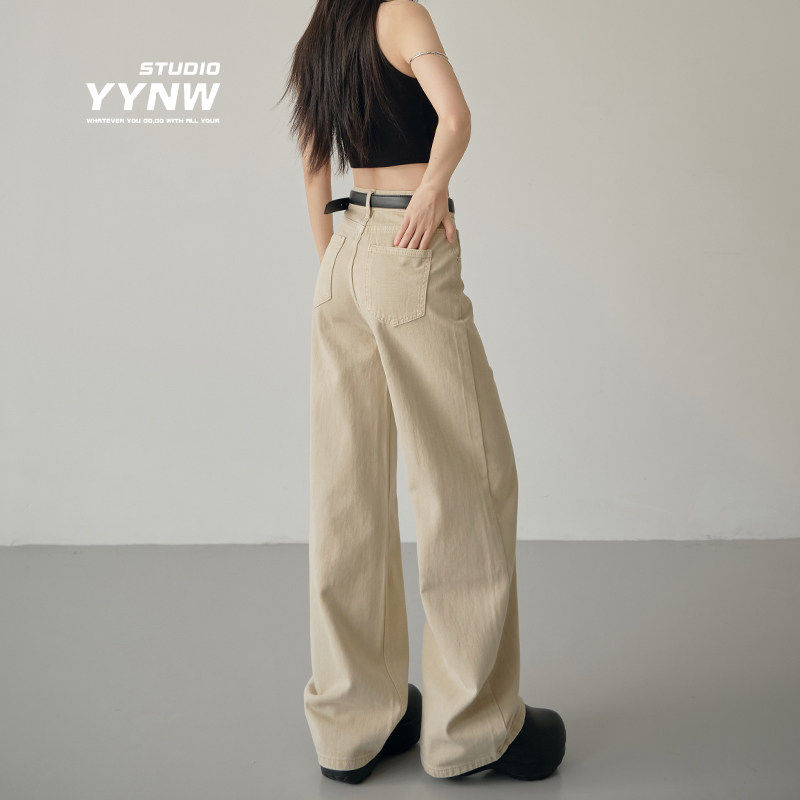 卡其高腰窄版阔腿牛仔裤女2025春季新款显瘦宽松直筒垂感拖地裤子
