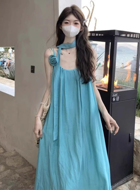 度假风连衣裙系带吊带裙女装夏季气质宽松显瘦A字裙蓝色中长裙子