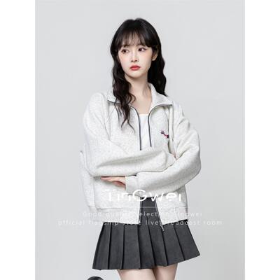 美式灰色翻领卫衣外套女2