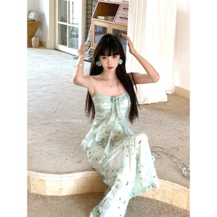 溺水三鱼NSSY海边渡假雪纺绿色洋装 女夏漂亮立体碎花吊带长裙