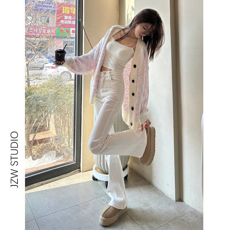 美式白色微喇叭牛仔裤女春夏新款高腰修身显瘦垂感加长拖地马蹄裤