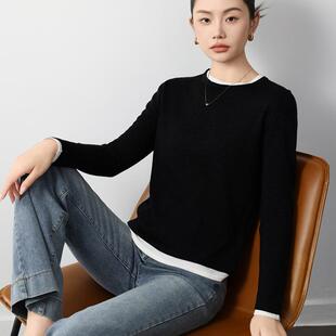 德国精纺扬子纱100纯羊毛假两件圆领针织打底衫女春秋宽松毛衣