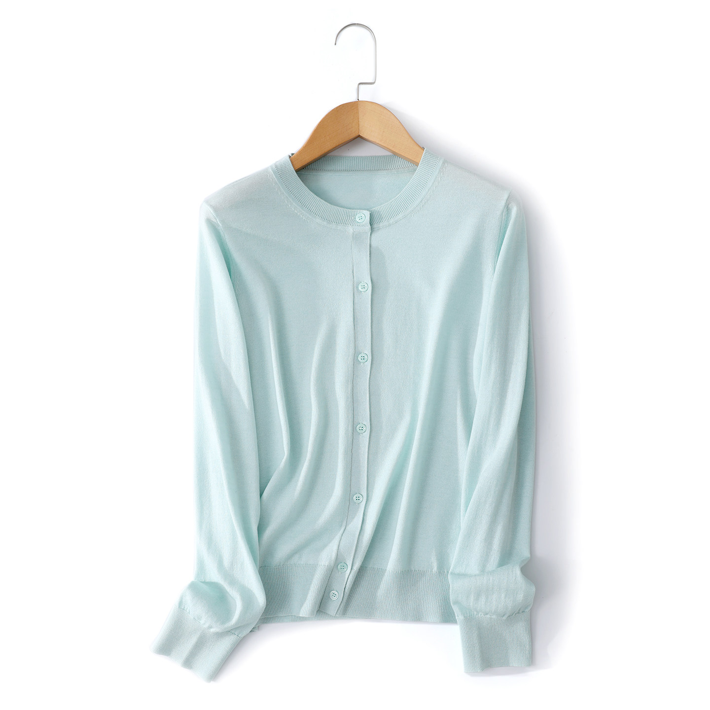 可机洗精纺扬子纱100%超细羊毛开衫女圆领薄款宽松防晒针织打底衫