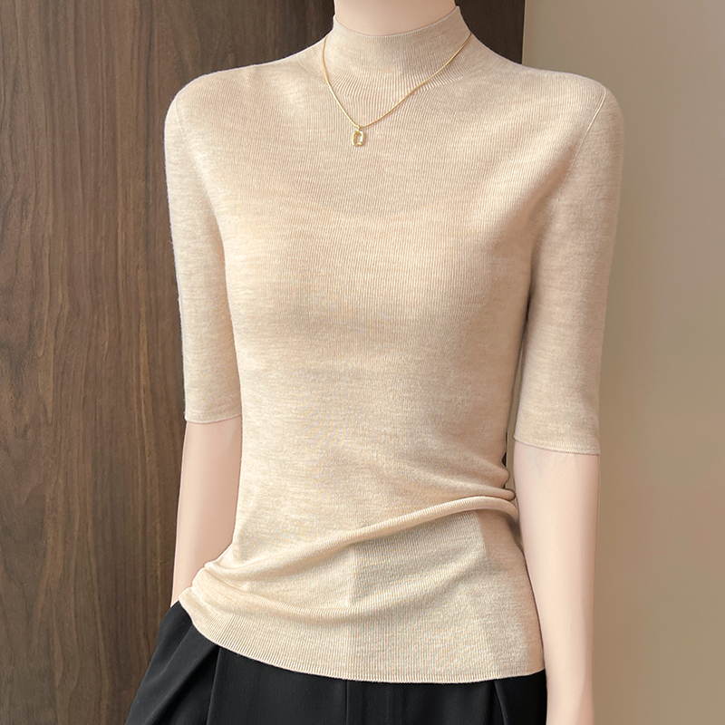 超细精纺100%纯羊毛针织五分袖薄款半高领打底衫新款修身中袖毛衣