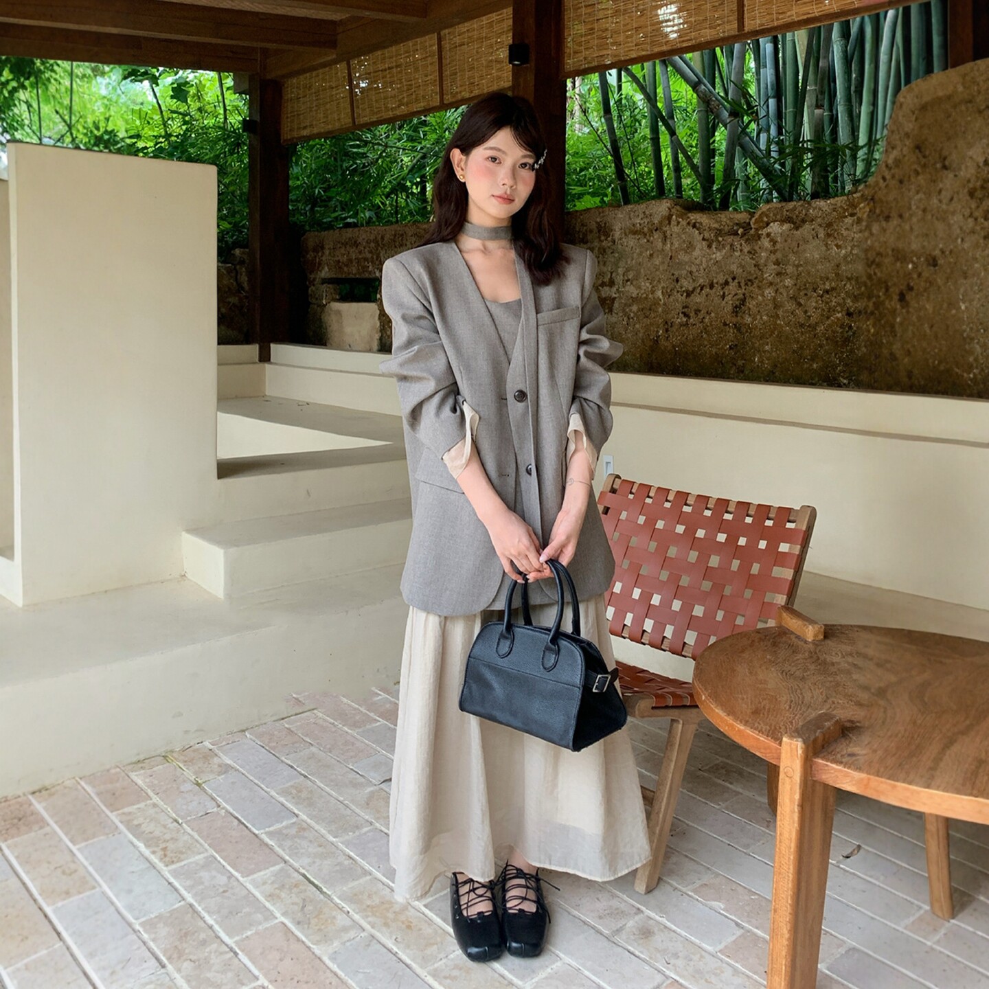 淡人高知穿搭一整套2026年新款秋季高端西装外套吊带连衣裙套装女