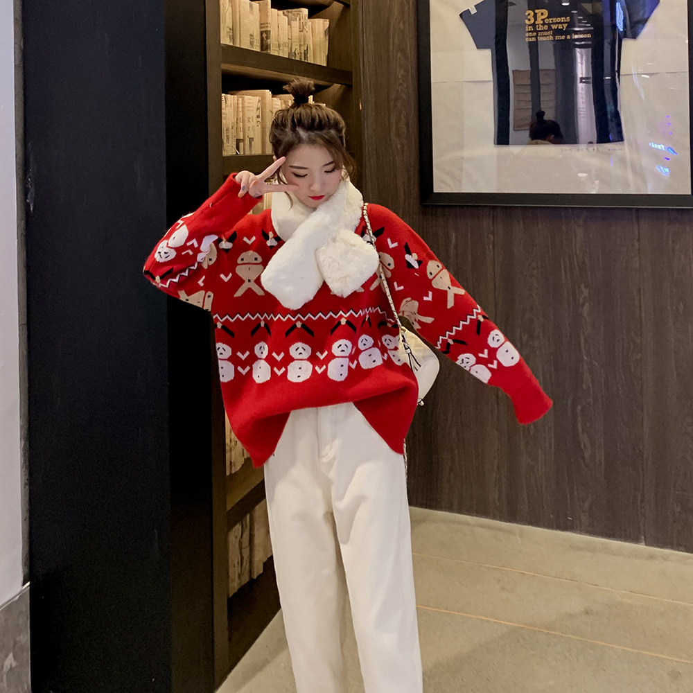 2019冬季新款女装韩版打底上衣圆领雪人卡通针织衫宽松圣诞节毛衣在类目 女装/女士精品, 毛衣中 - 来自Buy2taobao.com提供专业的淘宝代购服务