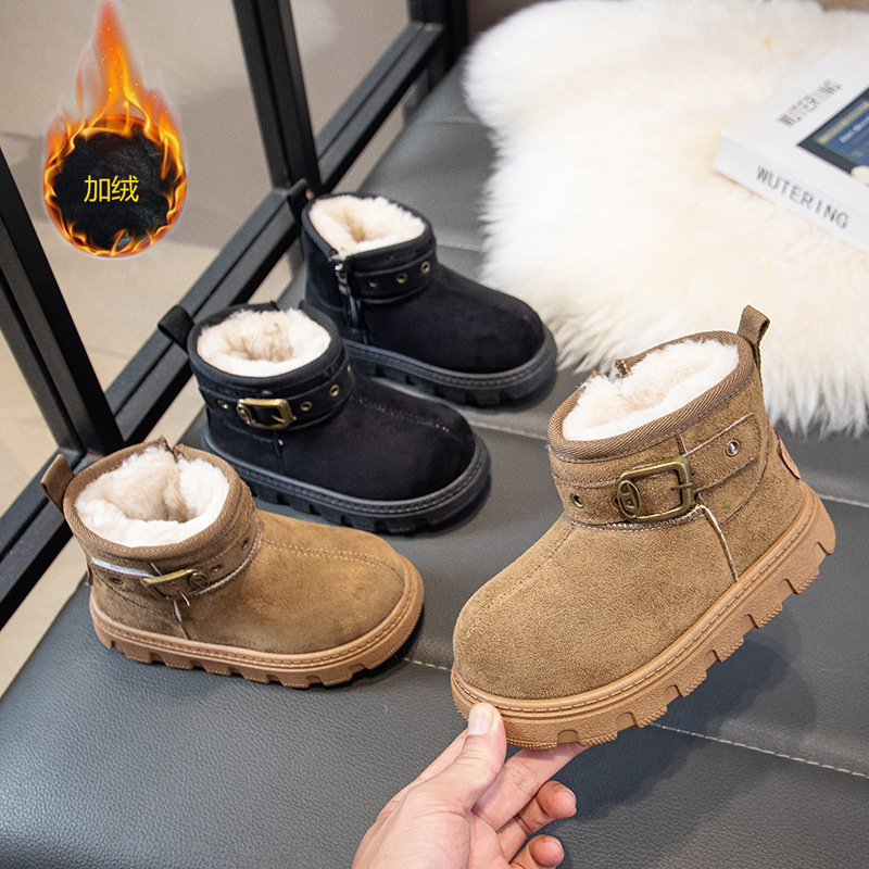 儿童加绒加厚雪地靴2025年秋冬新款男童中大童纯色棉靴女童大