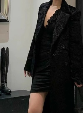 ISAEI 意大利黑色暗纹羊驼绒双排扣长外套 PARTOU品牌集合店