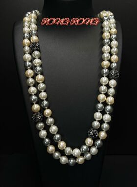 中古vintage施家长款香风双色混色拼接珍珠项链轻奢欧美风毛衣链