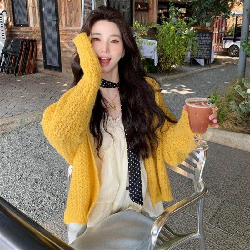 韩系花毛线中长款毛衣开衫女秋冬新款长袖宽松慵懒风针织外套上衣