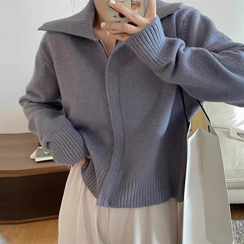 韩系简约风纯色拉链毛衣外套女设计感气质小翻领针织衫开衫秋冬款