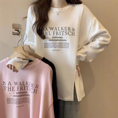 开叉长袖T恤女卫衣秋冬季新款宽松显瘦不规则中长款打底衫上衣女
