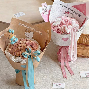 新款情人节KT猫包装纸玫瑰花可爱花束鲜花包花纸花店花艺资材批发