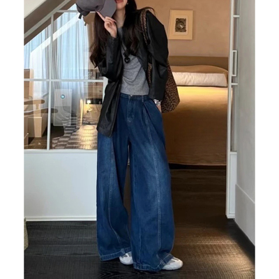 秋季新款韩版怀旧百搭时尚复古港风松紧腰阔腿直筒牛仔裤7607 G