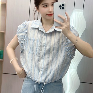 时尚 7534竖条纹polo领短袖 夏季 衬衫 设计感百搭抽绳上衣 女2025新款