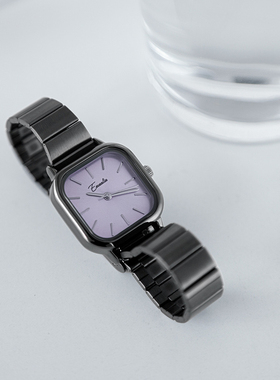 经典方盘手表女通勤风小方盘石英表简约金属带粉色太阳纹女表