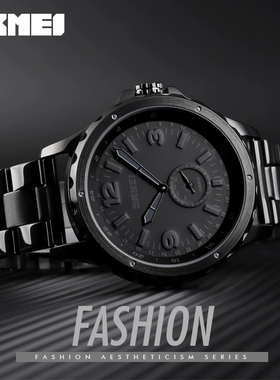 时刻美新款时尚潮人钢带石英手表 男士防水休闲腕表大表盘大学生