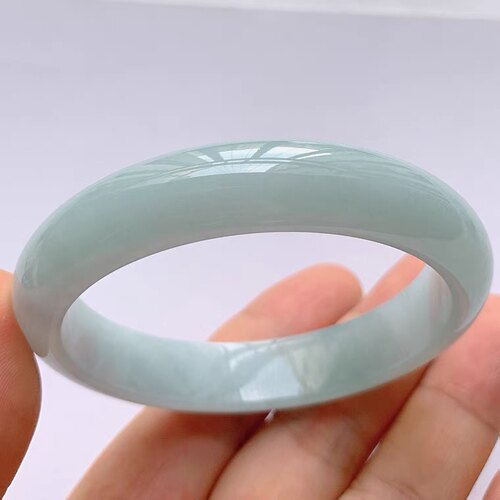冰糯种翡翠玉手镯缅甸老坑飘绿圆镯女士水润细腻白底手镯节日送礼