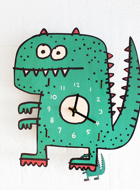 新款创意儿童房绿色恐龙卡通木质摆幼儿园钟挂钟卡通创意钟表