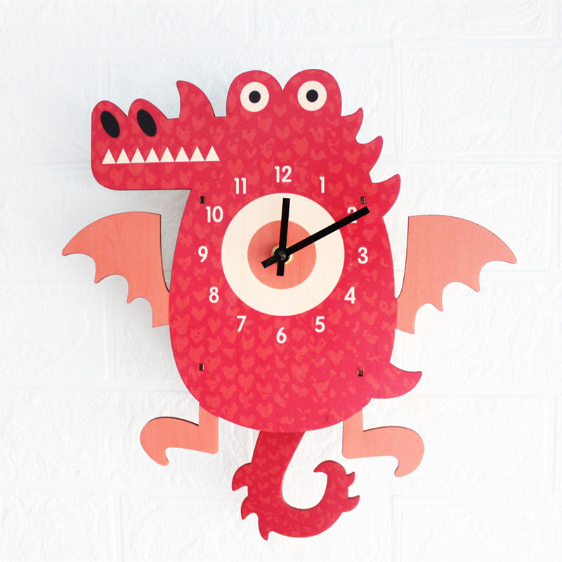新款创意儿童房红色恐龙飞龙卡通木质摆幼儿园钟挂钟卡通创意钟表