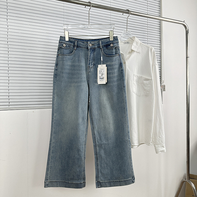 纽扣口袋设计感特别弹力奶奶裤 韩系休闲百搭水洗高腰直筒牛仔裤