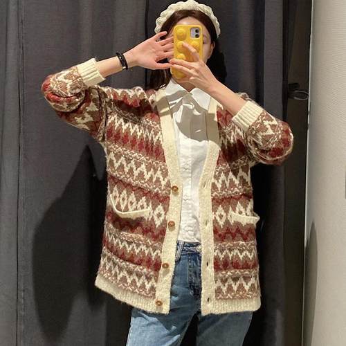 包邮 剪R随便穿都好看慵懒开衫毛衣 春秋百搭复古图案宽松针织衫