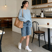夏天休闲百搭水洗高腰磨破短裤 试衣剪 chao性价比diy裁剪五分裤
