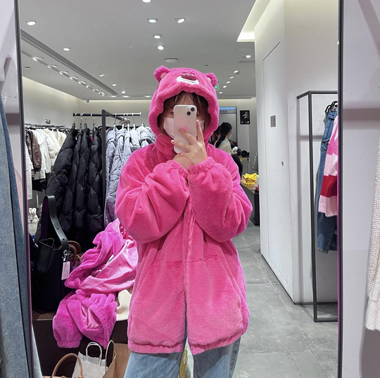 包邮 剪R联名可爱草莓*熊毛茸茸好暖和啊！春秋日常宽松连帽外套