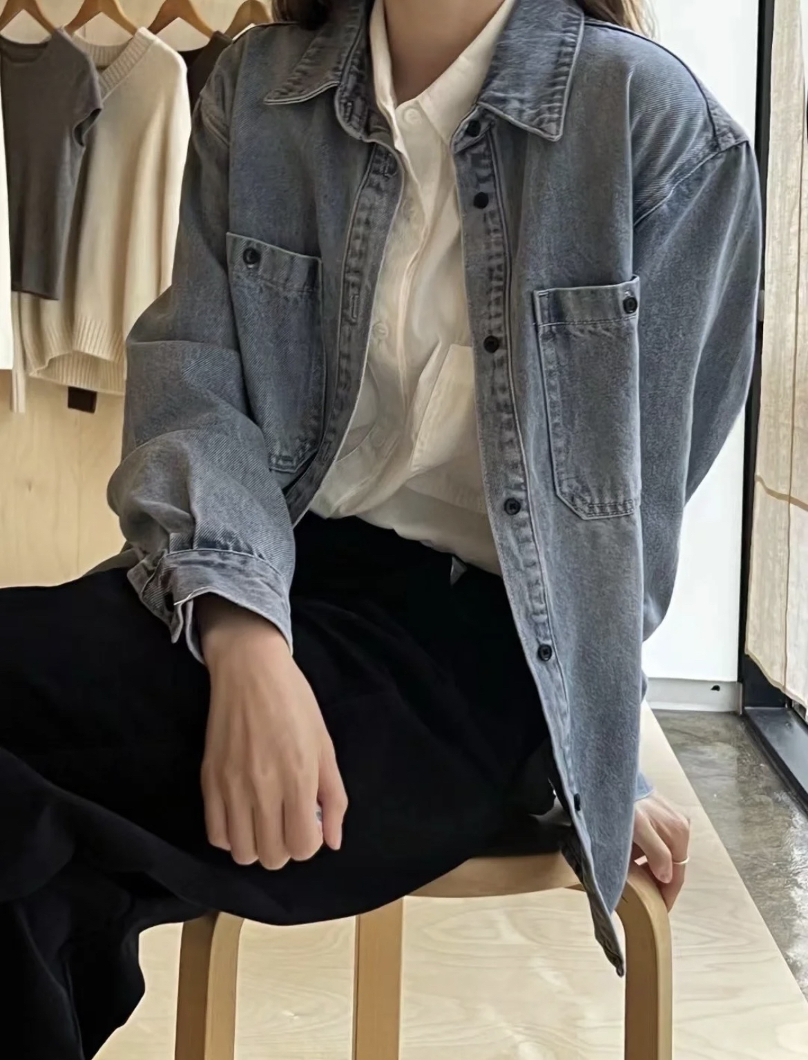 包邮 又一款随便穿的日常ootd 韩系经典水洗做旧口袋F码牛仔衬衫