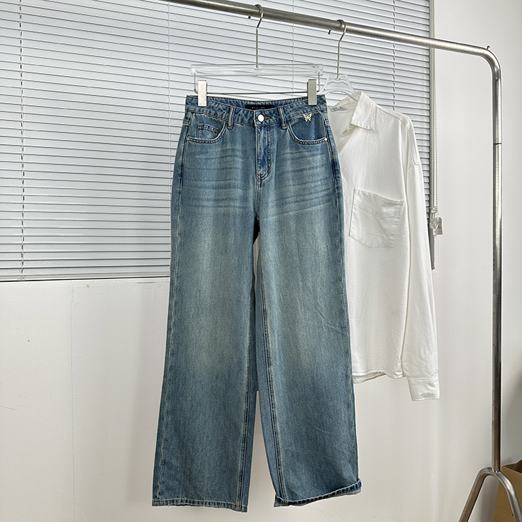 难遇到剪系商场货！h*袖家原几百r做旧水洗直筒裤 百搭高腰牛仔裤