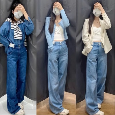 试衣剪 经典复古高个子拖地微喇裤 韩版休闲百搭水洗纽扣牛仔裤
