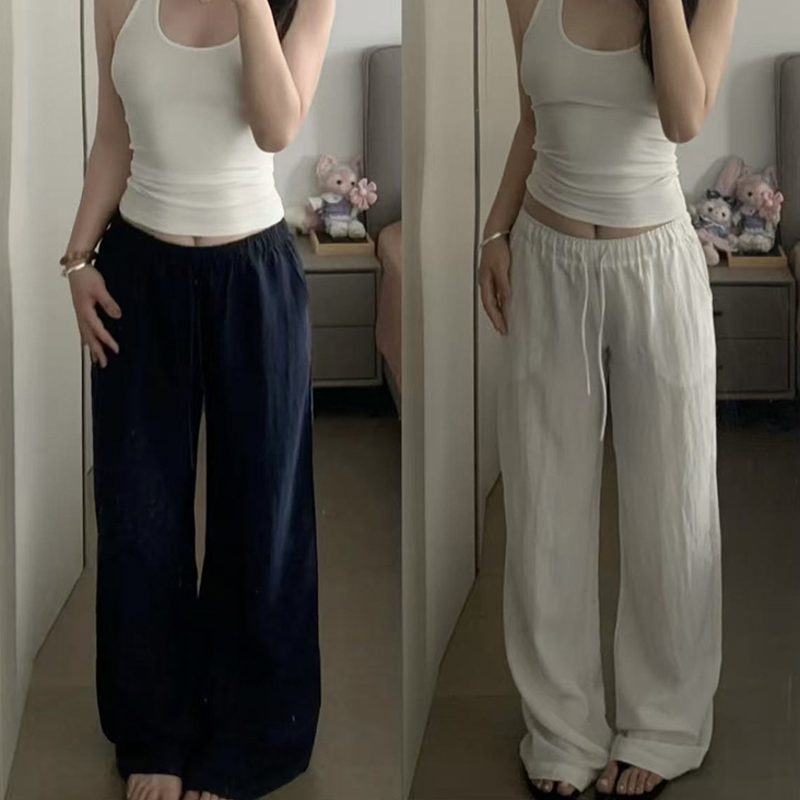 出口品质杠杠滴！夏天凉感棉麻质地阔腿裤 ins简约百搭松紧休闲裤