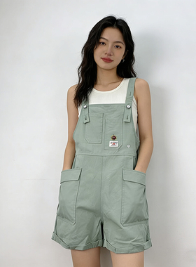 San*F 清新浅绿色宽松工装背带裤 春夏休闲百搭水洗牛仔五分短裤