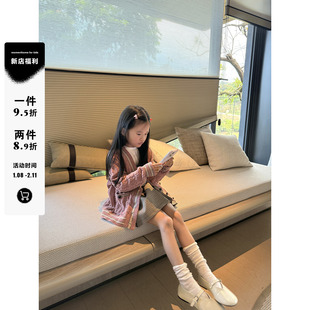 MOMENTHOME莱宝樱花粉软糯绒感钩花女童长袖V领单排扣毛衣开衫春