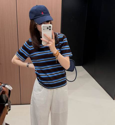 C家圆领羊毛针织短袖T夏女款条纹短袖上衣