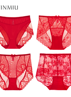 3条红色内裤女本命年属马年性感蕾丝结婚中高腰收腹短裤大码胖mm