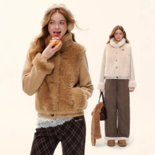 AsGony外套设计感环保皮草针织立领拼接上衣2025冬季 官方授权 新款