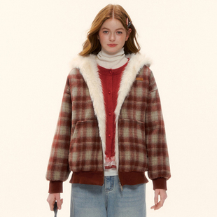 AsGony外套休闲百搭两面穿格纹毛绒保暖上衣2025冬季 官方授权 新款