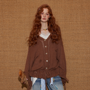 毛针织衫 新款 女时尚 2025秋季 官方授权 百搭V领花朵系带开衫 AsGony