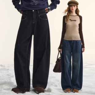 新款 2025冬季 官方授权 女宽松百搭磨毛弯刀分割线长裤 AsGony牛仔裤