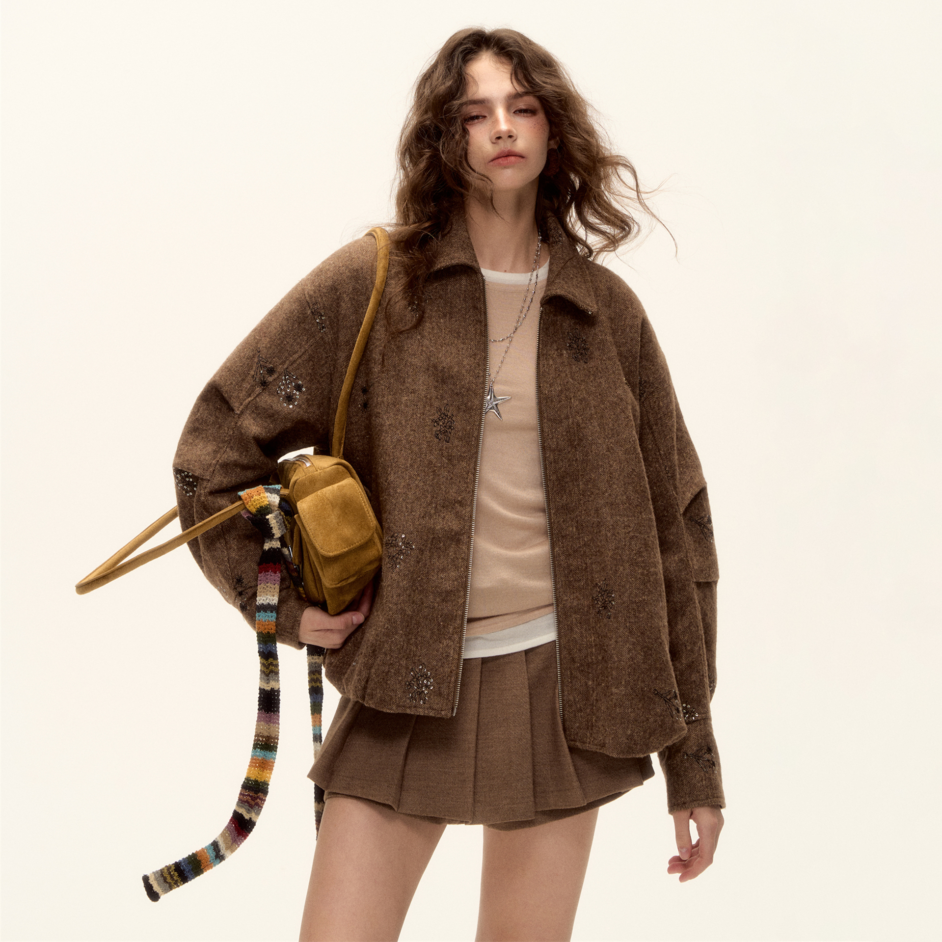 AsGony外套时尚感珠片刺绣格纹