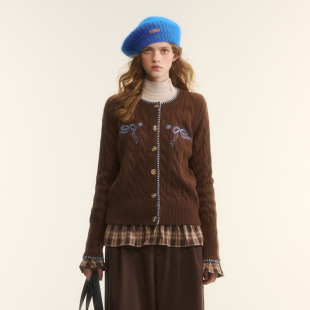 新款 2025冬季 官方授权 一字贝蝴蝶结米粒绣绞花开衫 AsGony毛针织衫